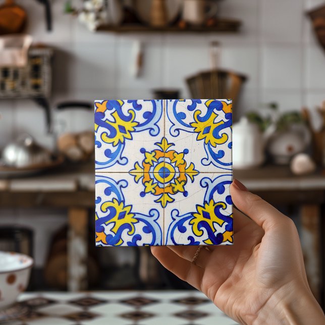 Blue Gult Portuguesa Mosaic Azulejo Art Kakelplatta (Blue Yellow Portuguese Mosaic Azulejo Art Ceramic Tile)