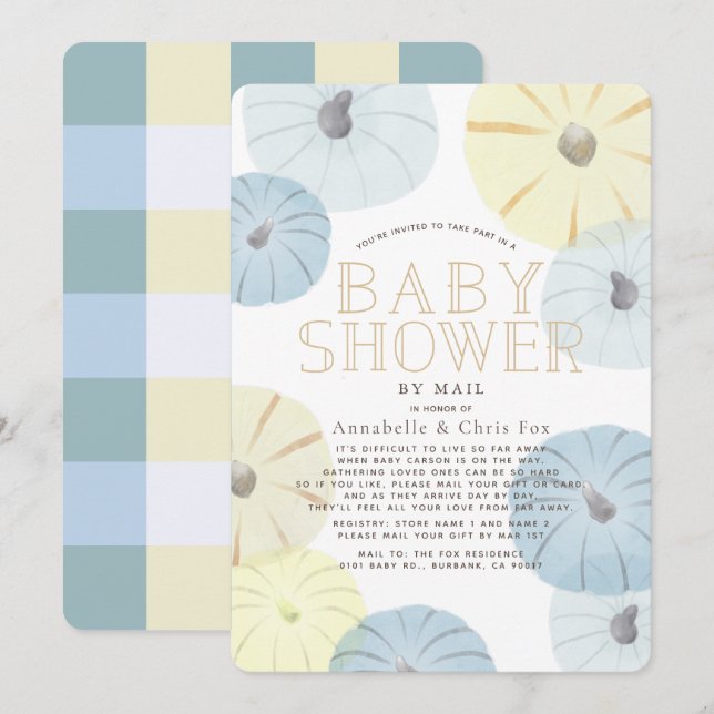 Blue & Gult Pumpkin Boy Shower by Mail Inbjudningar (Fram/baksida)