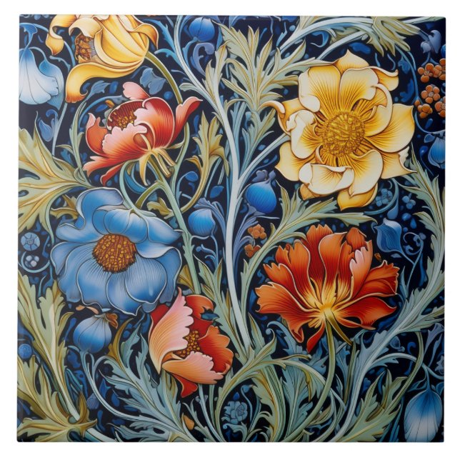 Blue Gult Red Flowers William Morris Stil Kakelplatta (Framsidan)
