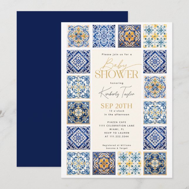 Blue Gult Tiles Italy Baby Shower Inbjudningar (Fram/baksida)