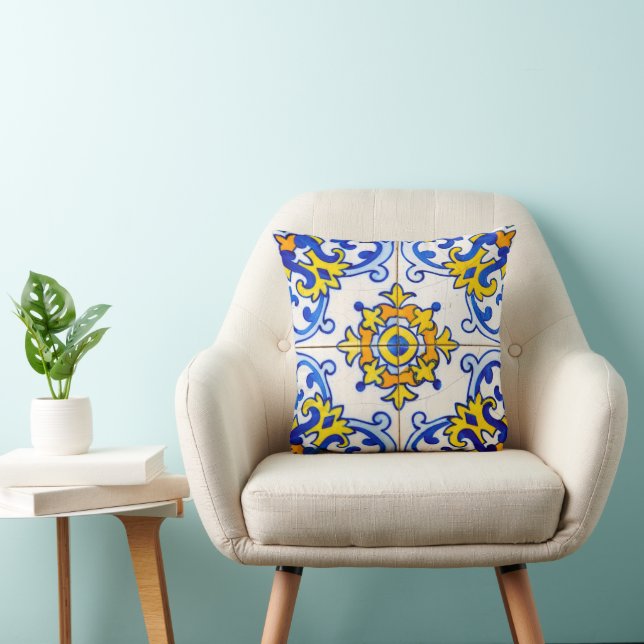 Blue Gult Traditional Portugals Azulejo Tile Kudde (Stol)
