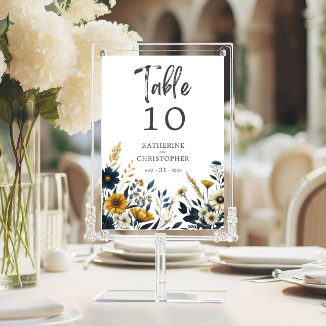 Blue Gult Wildblommor Elegant bröllop Bordsnummer (Blue Yellow Wildflowers Elegant Wedding Table Number.)