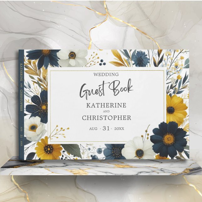 Blue Gult Wildblommor Elegant bröllop Gästböcker (Blue Gold Wildflower Floral Wedding Guest Book)