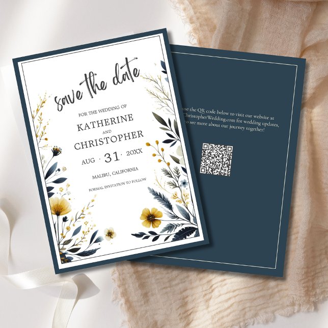 Blue Gult Wildblommor Elegant bröllop Spara Datumet (Blue Yellow Wildflower Floral Elegant Wedding Save the Date with QR Code for Wedding Website.)