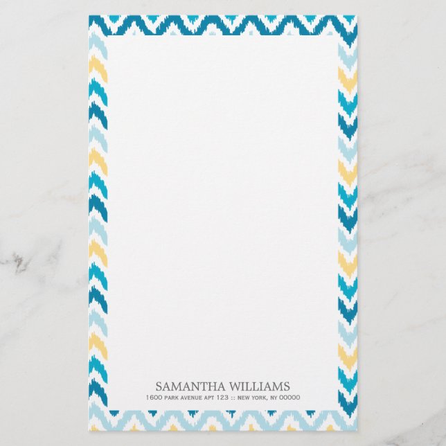 Blue Gult Zigzag Ikat Mönster Brevpapper (Framsida)