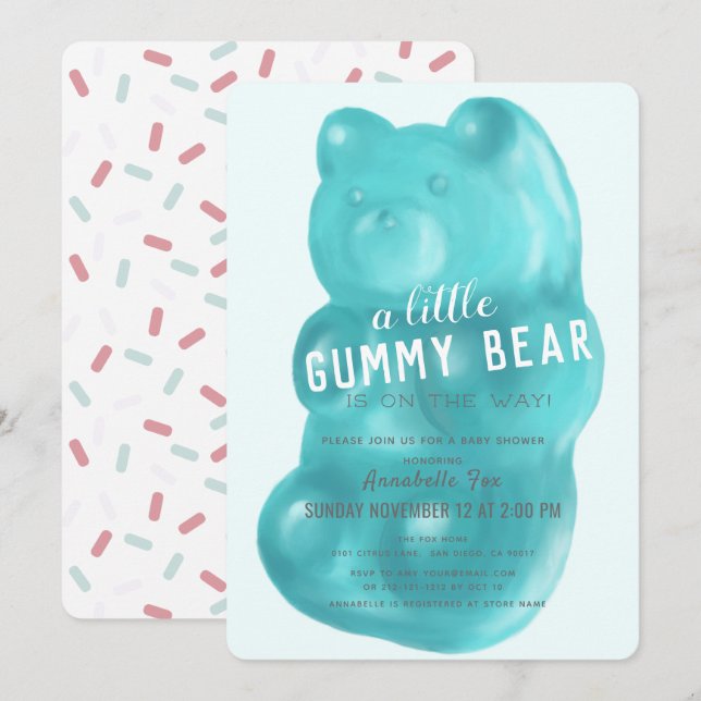 Blue Gummy Bear Boy Baby Shower Inbjudningar (Fram/baksida)