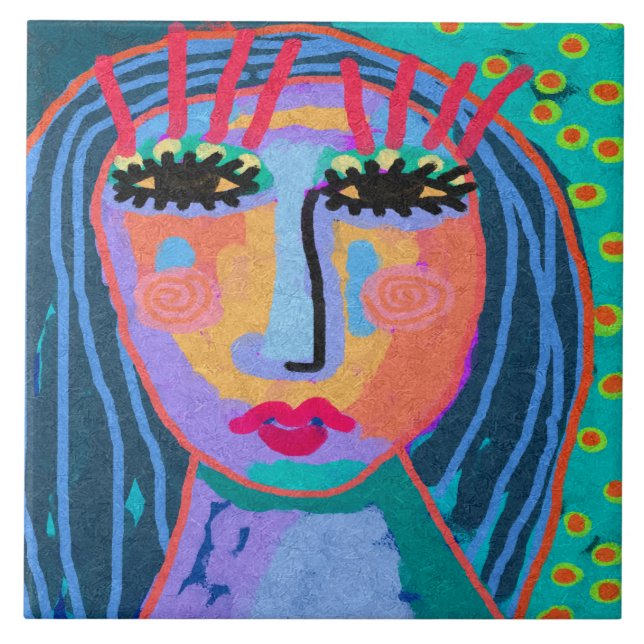 Blue Hair Abstrakt Digital Porträtt från en kvinna Kakelplatta (Framsidan)