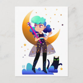 Blue Hair Girl with Black Cat Vykort