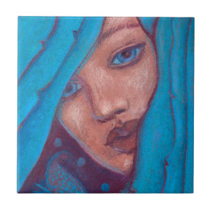 Blue Hair, Sjöjungfru Porträtt Fantasy Pastel Pa Kakelplatta