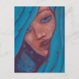 Blue Hair Sjöjungfru Porträtt Fantasy Pastel Paein Vykort