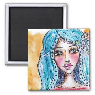 Blue Hair Watercolor Art Boho Girl Flower Colorful Magnet