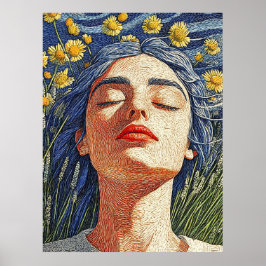 Blue Hair Woman Gula blommor Texturerad Porträtt Poster