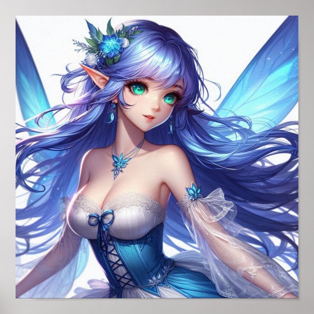 Blue-Haired Tropical Fairy with Emerald Eyes Poster (Framsidan)