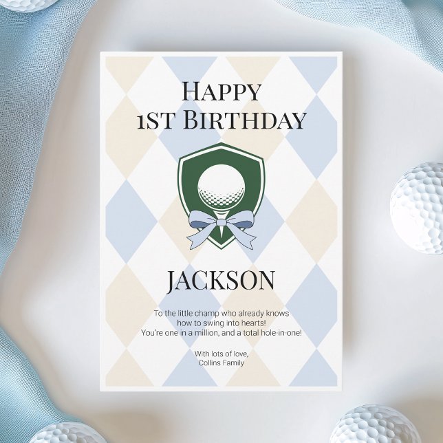 Blue Hål i One Boys Golf Lycklig 1:a födelsedagen Kort (Blue Hole in One Boys Golf Happy 1st Birthday Card)