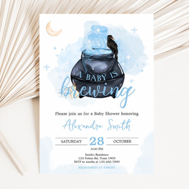 Blue Halloween A Baby är en babystövel. Inbjudningar (Blue A Baby is Brewing Baby Shower Invitation)