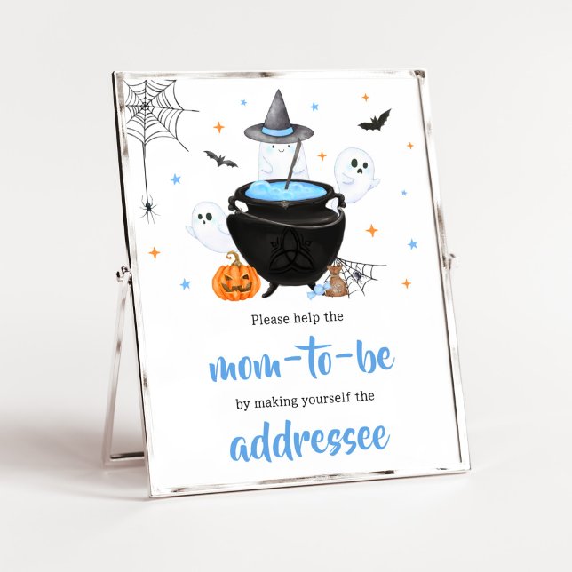 Blue Halloween Baby är Brewing Kuvert Station Poster (Baby is Brewing Baby Shower Envelope Station Sign)