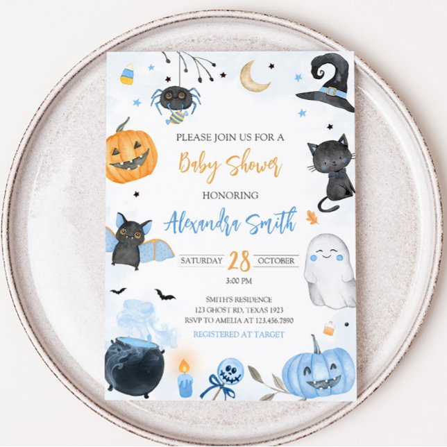 Blue Halloween Baby Shower Inbjudningar (Boy Ghost Halloween Baby Shower Invitation)