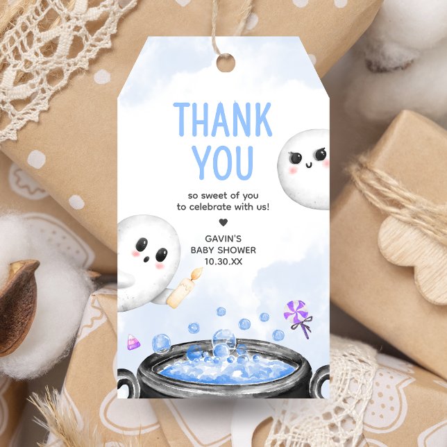 Blue Halloween Det är favoritmärkord för pojkbabys Presentetikett (Oh Sheet It's a Boo-y Halloween Baby Shower Favor Tags)