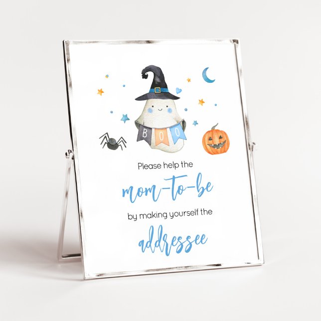 Blue Halloween Ghost Little Boo Kuvert Station Poster (Little Boo Baby Shower Envelope Station Sign)