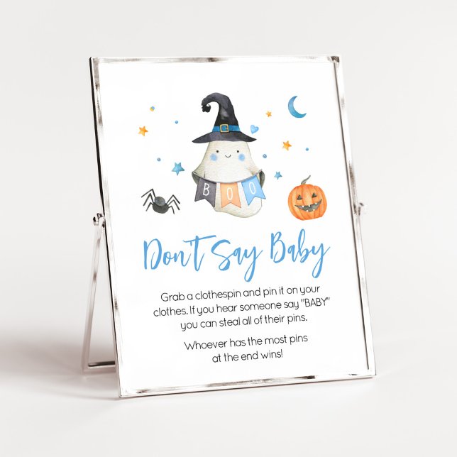 Blue Halloween Ghost Little Boo Säg inte Baby Poster (Little Boo Baby Shower Don't Say Baby Sign)