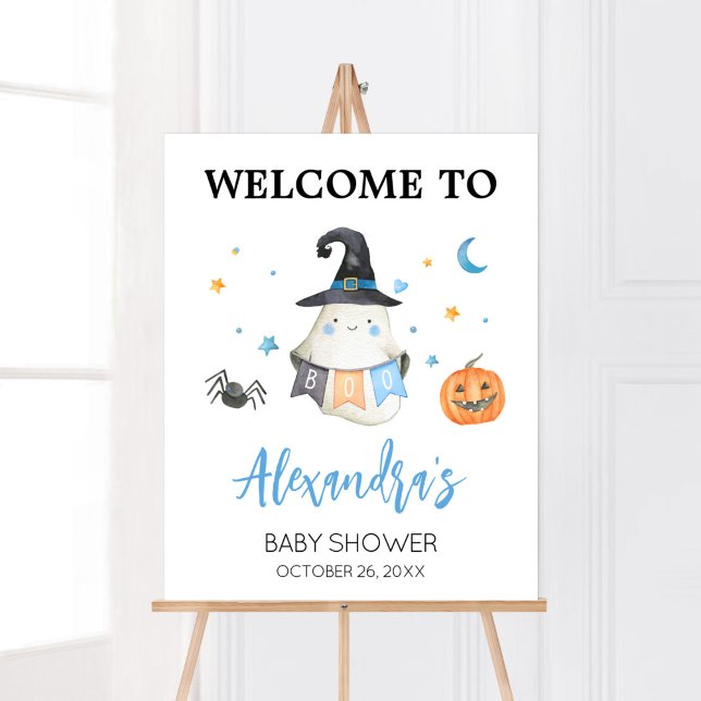 Blue Halloween Ghost Little Boo Välkommen Poster (Little Boo Baby Shower Welcome Sign)