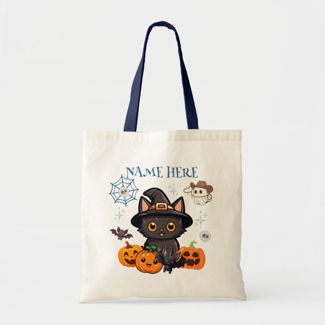 Blue Halloween Kattunge Witch Candy Tote Bag Tygkasse (Framsidan)