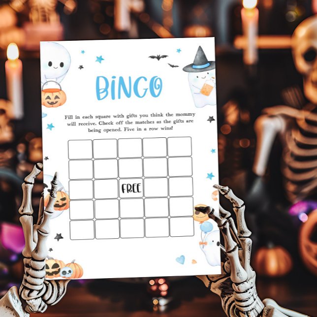 Blue Halloween Little Boo Baby Shower Bingo Game (Baby is Brewing Baby Shower Bingo Game)