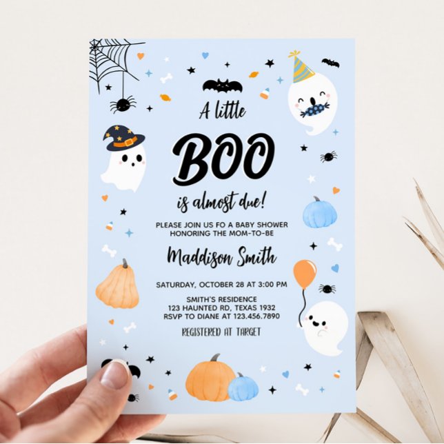 Blue Halloween Little Boo Baby Shower Inbjudningar (Halloween Boy Ghost Baby Shower Invitation)