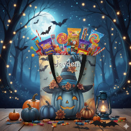 Blue Halloween Pumpkin Personalized Tygkasse