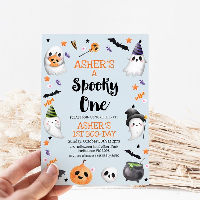 Blue Halloween-taloky 1:a födelsedagen Inbjudningar (Blue Halloween Spooky One 1st Birthday Invitation Boy, Halloween First Birthday Invitation, Pastle)