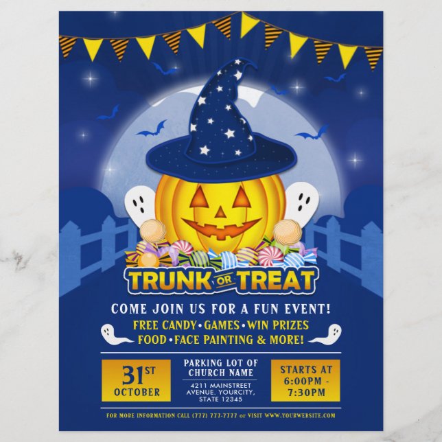 Blue Halloween Trunk eller Treat Cute Pumpkin-händ Reklamblad (Framsidan)