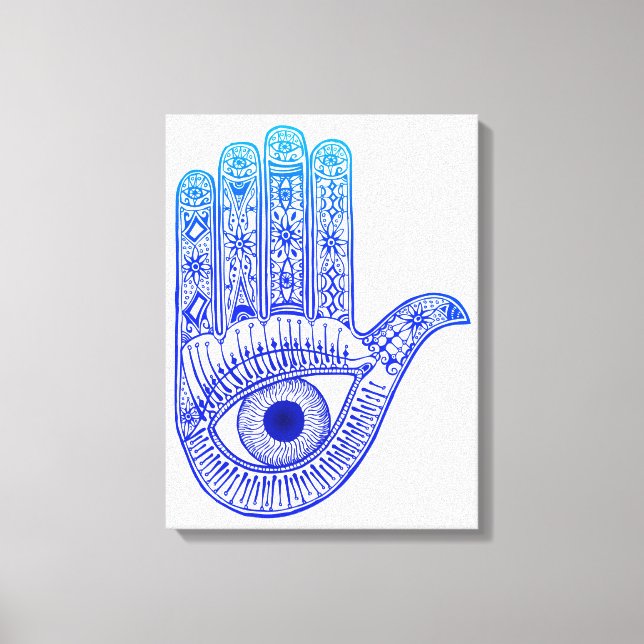 Blue Hamsa Hand / Evil Öga Defence / Handand Mary Canvastryck (Framsida)