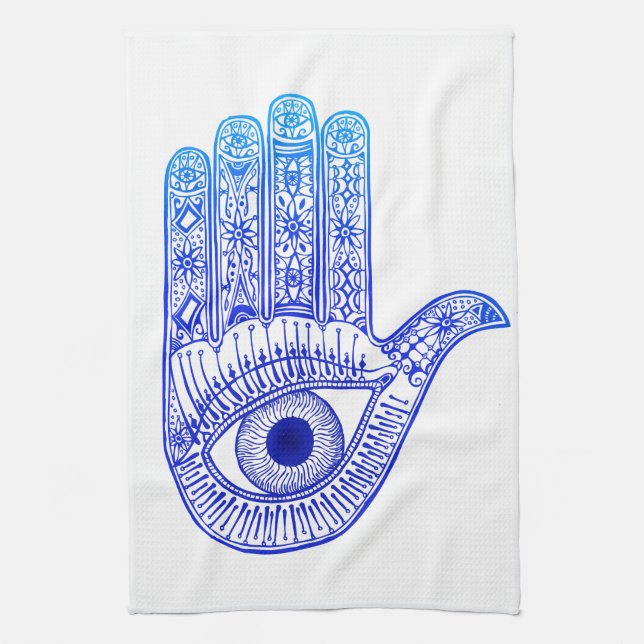 Blue Hamsa Hand / Evil Öga Defence / Handand Mary Kökshandduk (Vertikal)