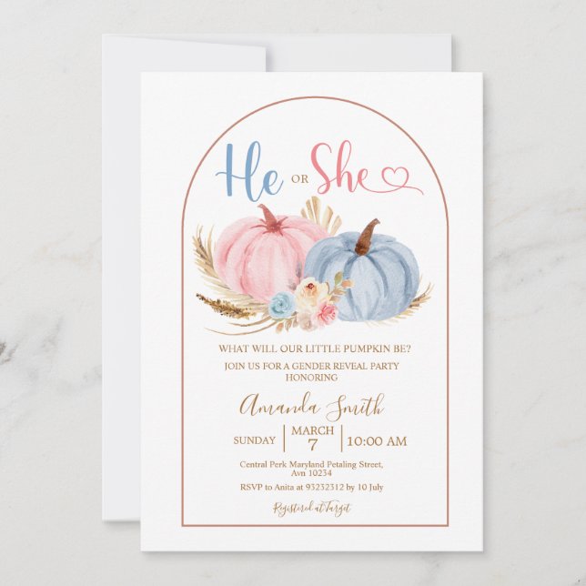 Blue Han eller hon Boho Rosa Pumpkin Gender Reveal Inbjudningar (Framsida)