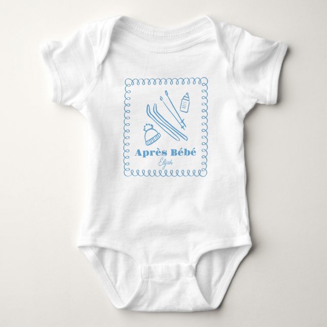 Blue Hand-Drawn Après Bébé Winter Ski Boy T Shirt (Framsida)