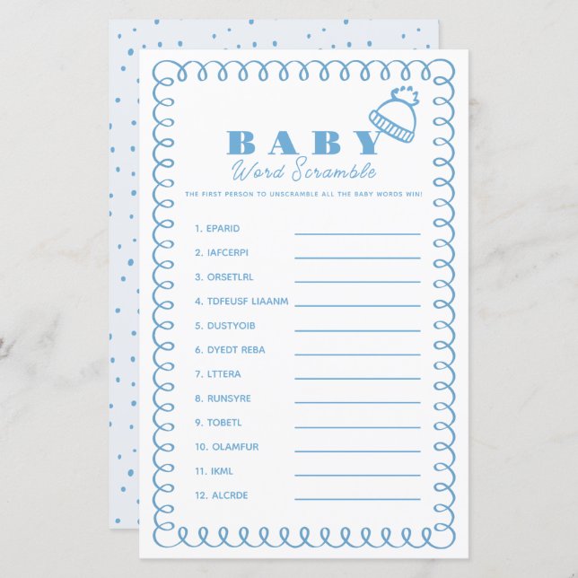 Blue Hand-Drawn Beanie Boy Baby Word Scramble (Fram/baksida)