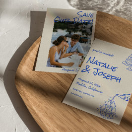 Blue Hand Drawn Champagne Tower Cake Photo Wedding Spara Datumet