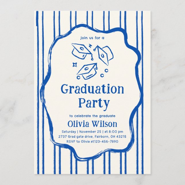 Blue Hand Drawn Doodle Graduation Party Inbjudningar (Framsida)