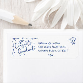 Blue Hand Drawn Doodle Graduation White Address Returadress Etikett