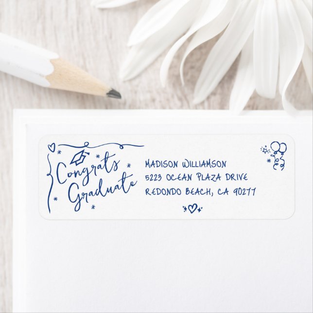 Blue Hand Drawn Doodle Graduation White Address Returadress Etikett (Insitu)