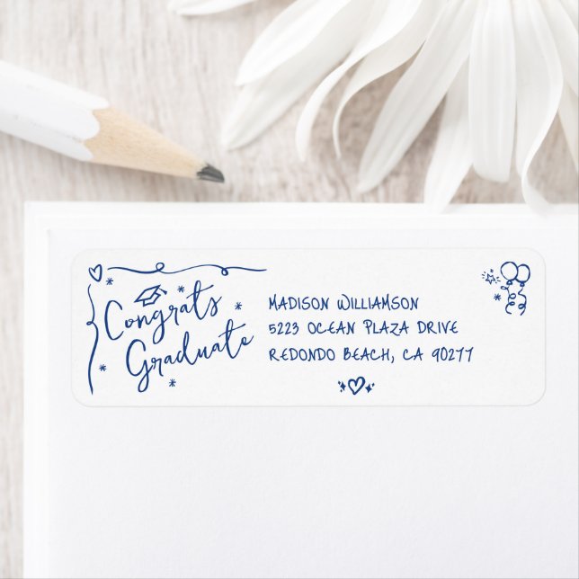 Blue Hand Drawn Doodle Graduation White Address Returadress Etikett (Insitu)