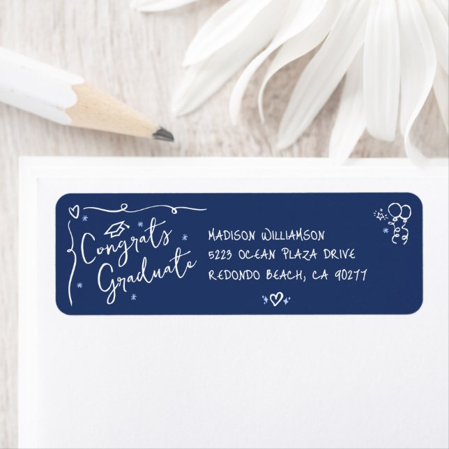 Blue Hand Drawn Doodle Style Graduation Address Returadress Etikett (Insitu)