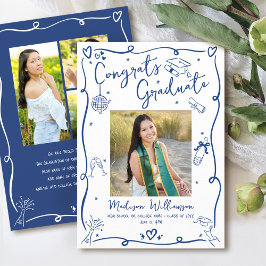 Blue Hand Drawn Doodles Graduation 4 Photo White Meddelande