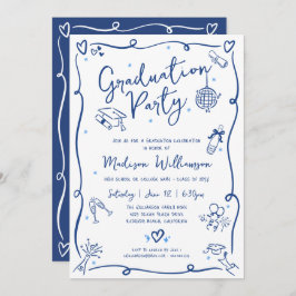 Blue Hand Drawn Doodles Graduation Fun White Party Inbjudningar