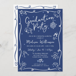 Blue Hand Drawn Doodles Style Fun Graduation Party Inbjudningar