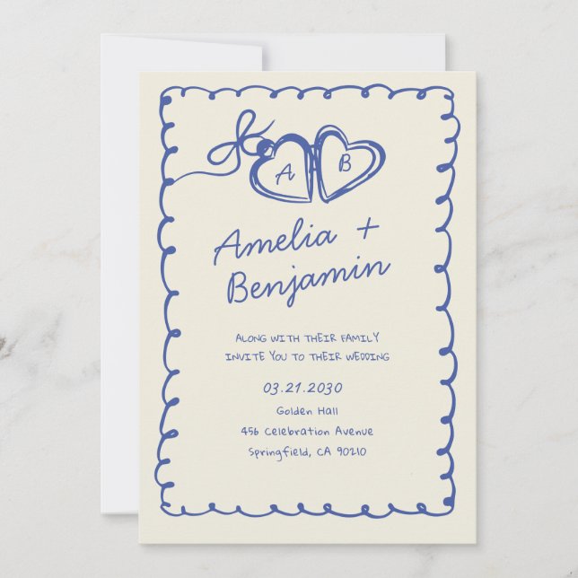 Blue hand drawn heart Whimsical Wedding  Invitati Inbjudningar (Framsida)