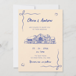 Blue Hand Drawn Sketch Venue Wedding Inbjudningar