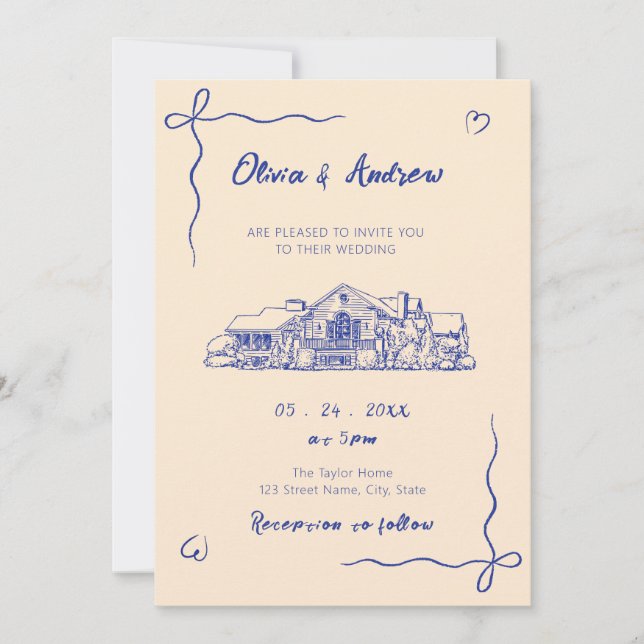 Blue Hand Drawn Sketch Venue Wedding Inbjudningar (Framsida)