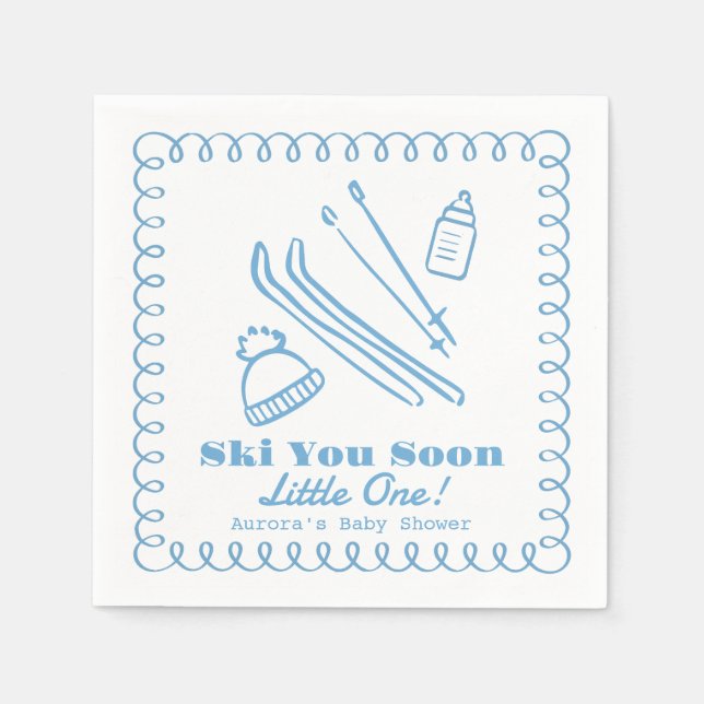 Blue Hand-Drawn Ski You Soon Boy Baby Shower Pappersservett (Framsidan)