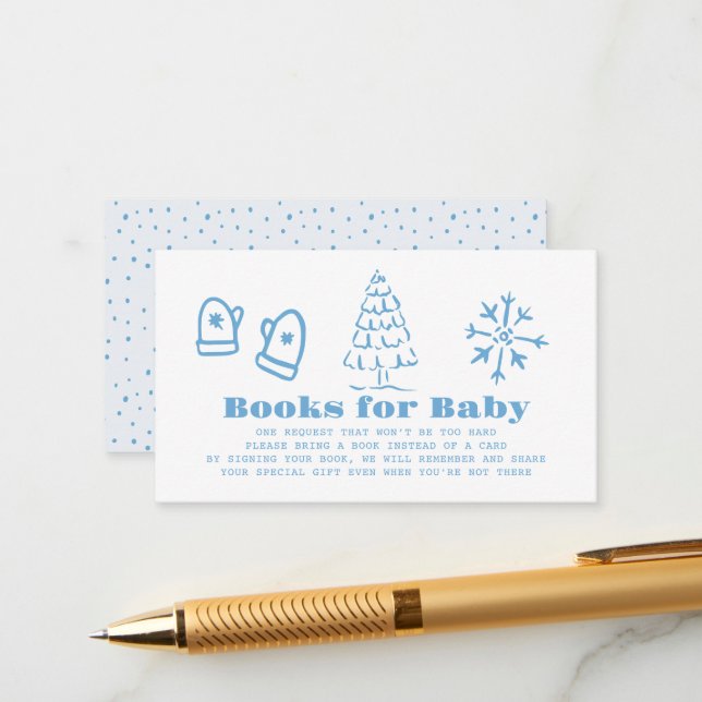 Blue Hand-Drawn Winter Baby Shower Book Request Tilläggskort (Fram/Back In Situ)